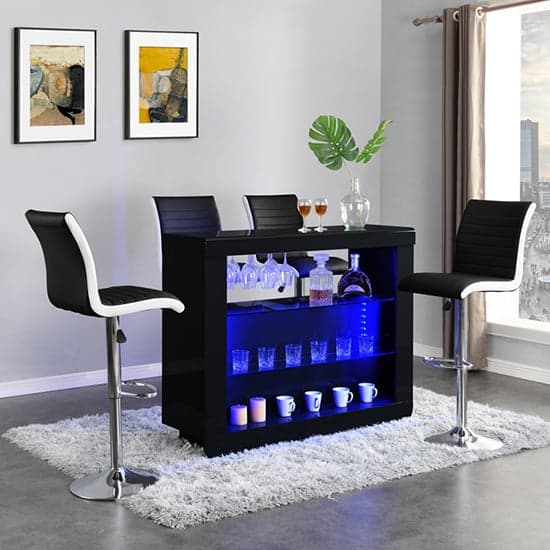 Fernier High Gloss Bar Table Unit In Black With LED Lighting