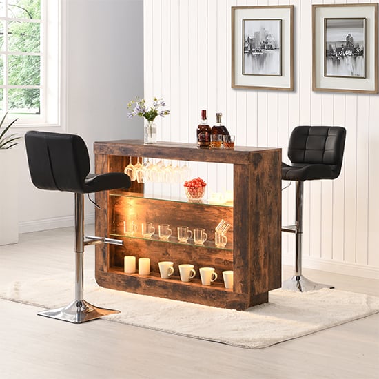 Fernier Rustic Oak Bar Table Unit With 2 Canyon Black Stools