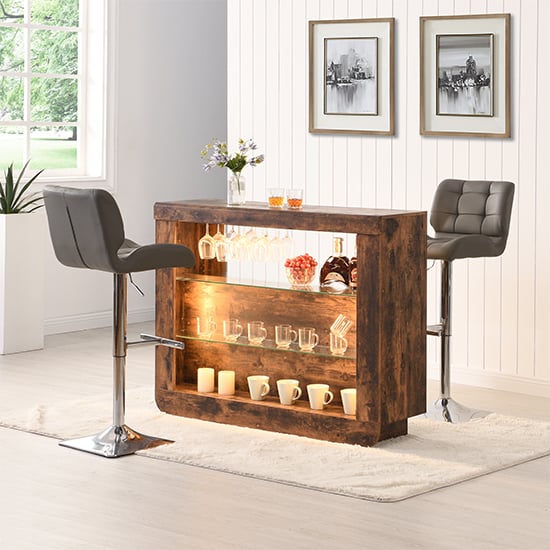 Fernier Rustic Oak Bar Table Unit With 2 Canyon Grey Stools