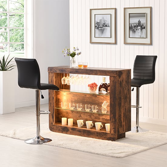 Fernier Rustic Oak Bar Table Unit With 2 Rifle Black Stools
