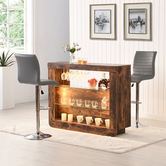 Fernier Rustic Oak Bar Table Unit With 2 Rifle Grey Stools