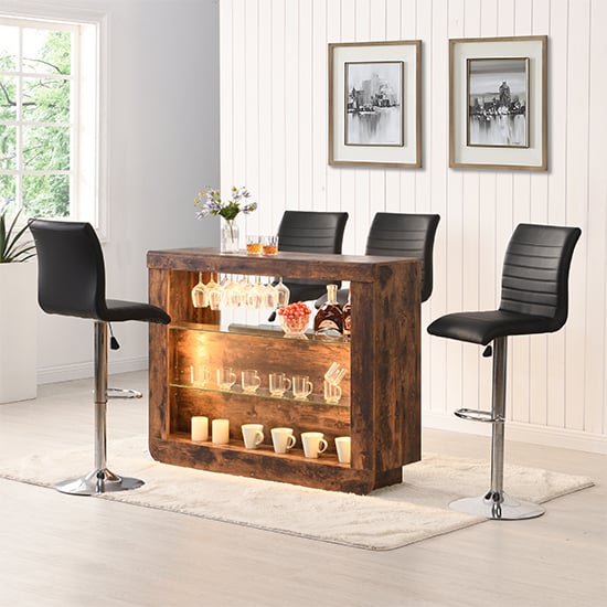 Fernier Rustic Oak Bar Table Unit With 4 Rifle Black Stools
