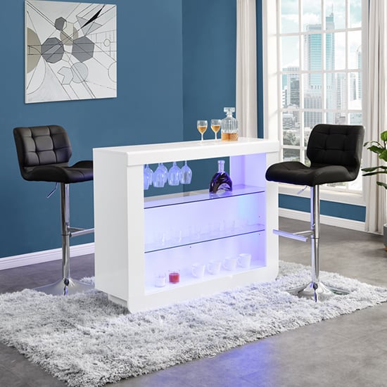 Fernier White High Gloss Bar Table With 2 Canyon Black Stools