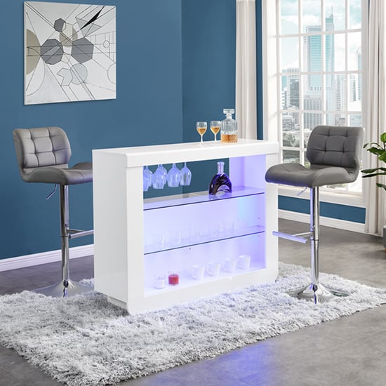 Fernier White High Gloss Bar Table With 2 Canyon Grey Stools