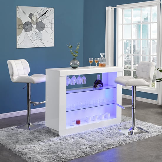Fernier White High Gloss Bar Table With 2 Canyon White Stools