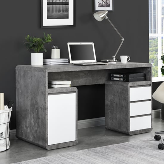 Florence Gloss Computer Desk In White And Concrete Effect