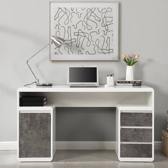 Florence High Gloss Computer Desk In White And Concrete Effect