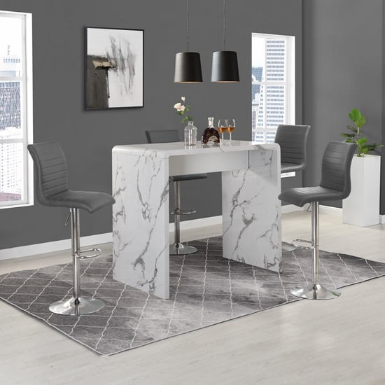 Glassboro Diva Marble Effect Gloss Bar Table 4 Rifle Grey Stools