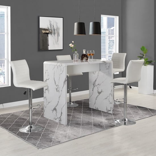 Glassboro Diva Marble Effect Gloss Bar Table 4 Rifle White Stool