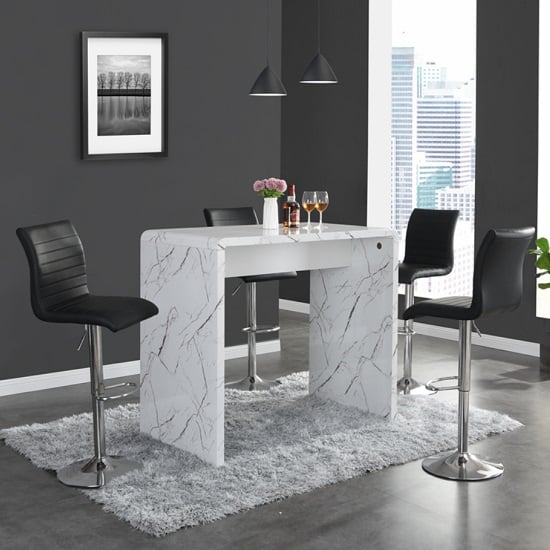 Glassboro Vida Marble Effect Gloss Bar Table 4 Rifle Black Stool