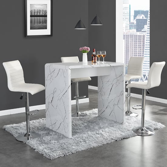 Glassboro Vida Marble Effect Gloss Bar Table 4 Rifle White Stool