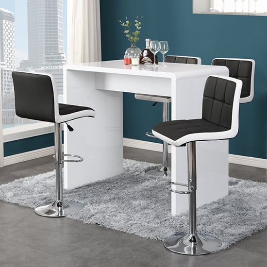 Glassboro White High Gloss Bar Table 4 Cortez Black White Stools