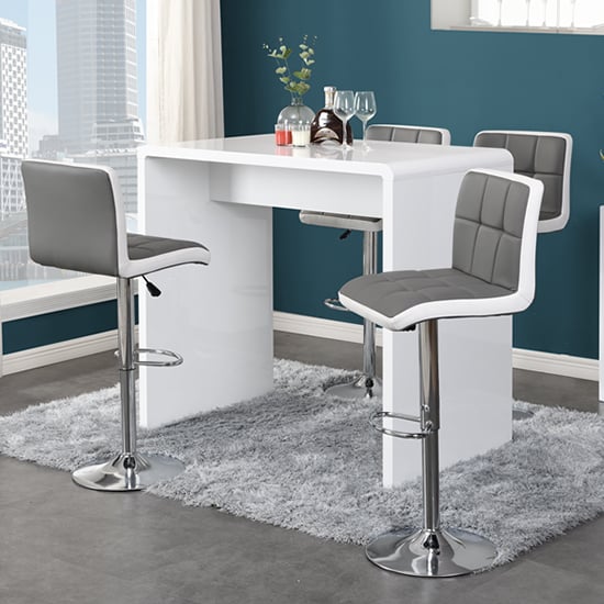 Glassboro White High Gloss Bar Table 4 Cortez Grey White Stools