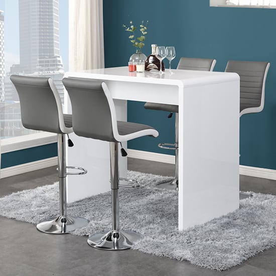 Glassboro White High Gloss Bar Table 4 Riga Grey White Stools