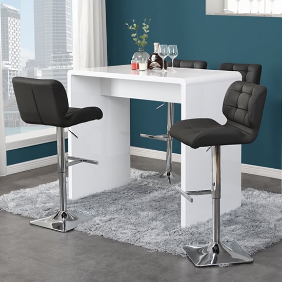 Glassboro White High Gloss Bar Table With 4 Canyon Black Stools