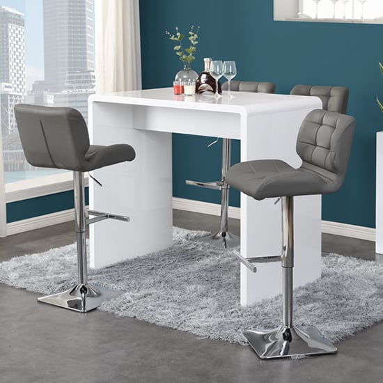 Glassboro White High Gloss Bar Table With 4 Canyon Grey Stools