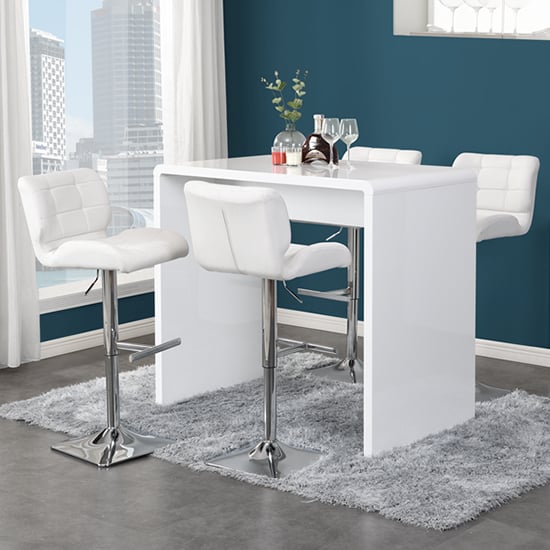 Glassboro White High Gloss Bar Table With 4 Canyon White Stools