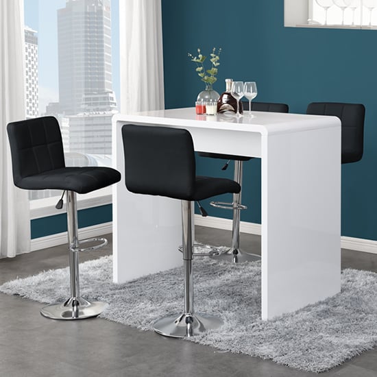 Glassboro White High Gloss Bar Table With 4 Concord Black Stools