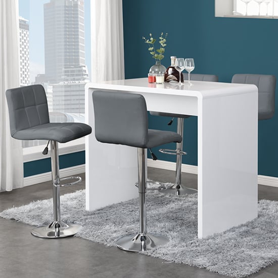 Glassboro White High Gloss Bar Table With 4 Concord Grey Stools