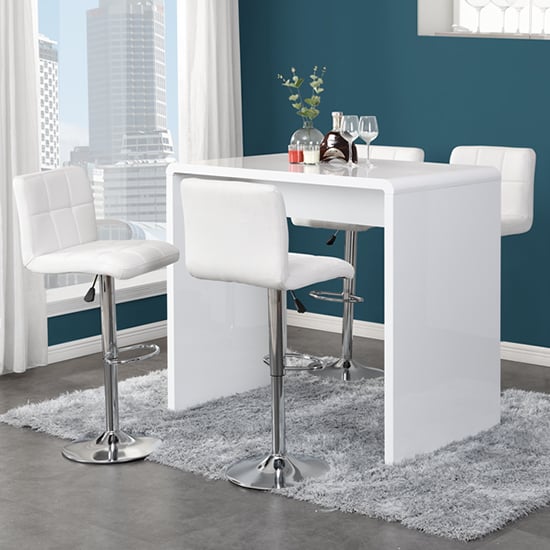Glassboro White High Gloss Bar Table With 4 Concord White Stools