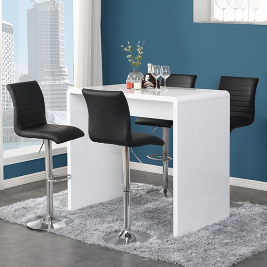 Glassboro White High Gloss Bar Table With 4 Rifle Black Stools