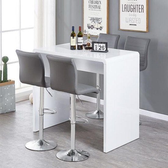 Glassboro White High Gloss Bar Table With 4 Rifle Grey Stools