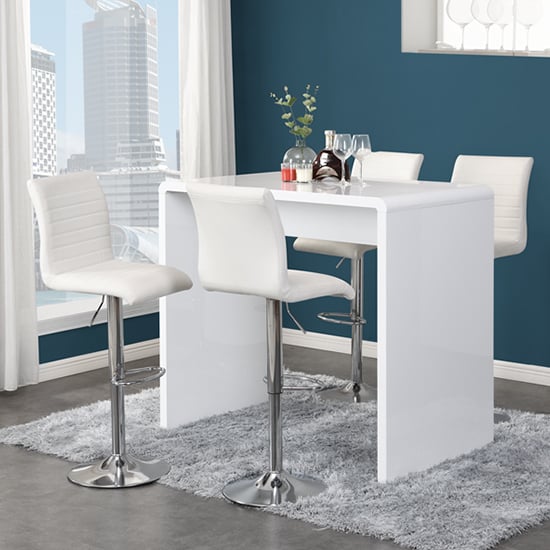 Glassboro White High Gloss Bar Table With 4 Rifle White Stools