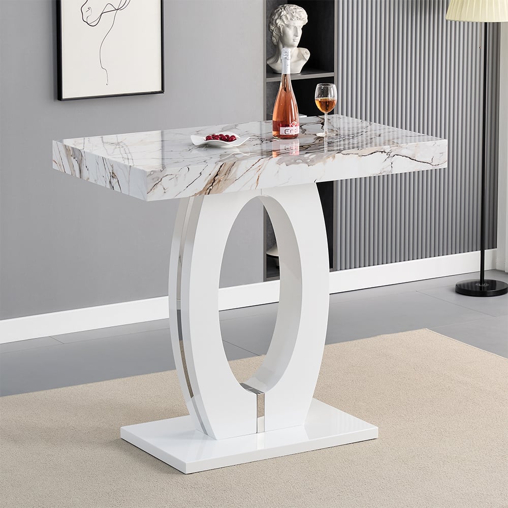 Halifax High Gloss Bar Table In White And Milo Marble Effect