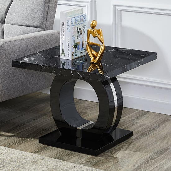 Halifax High Gloss Lamp Table In Black And Milano Marble Effect