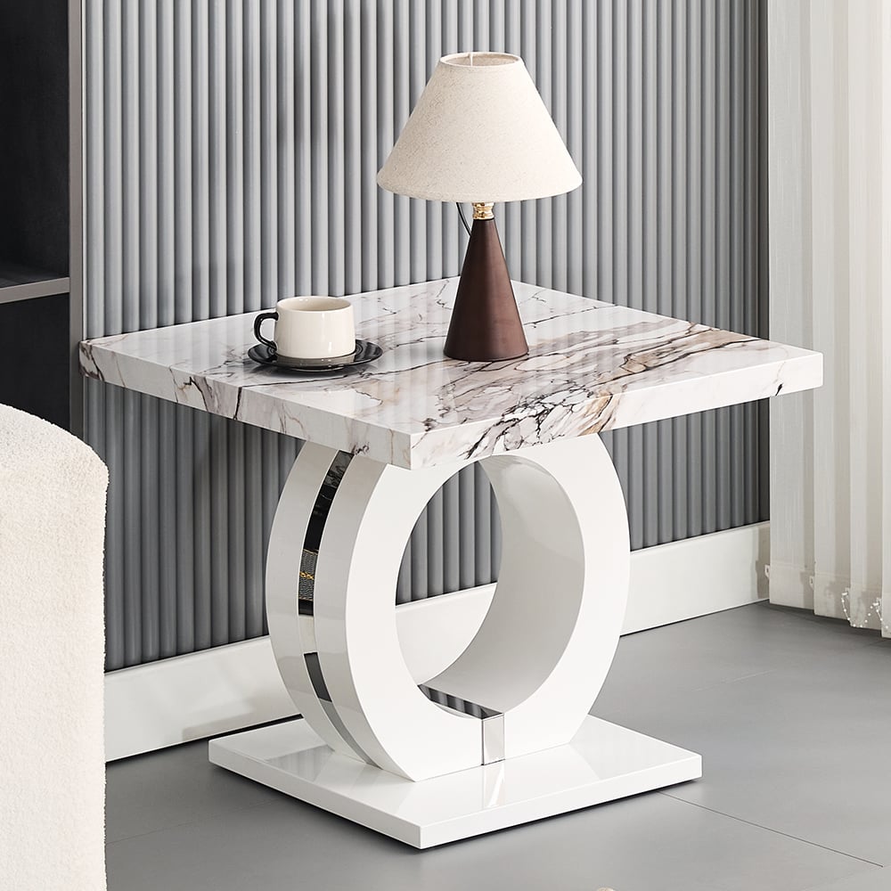 Halifax High Gloss Lamp Table In White And Milo Marble Effect