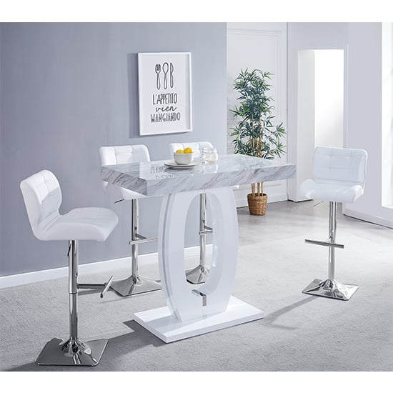 Halifax Magnesia Marble Effect Bar Table 4 Canyon White Stools