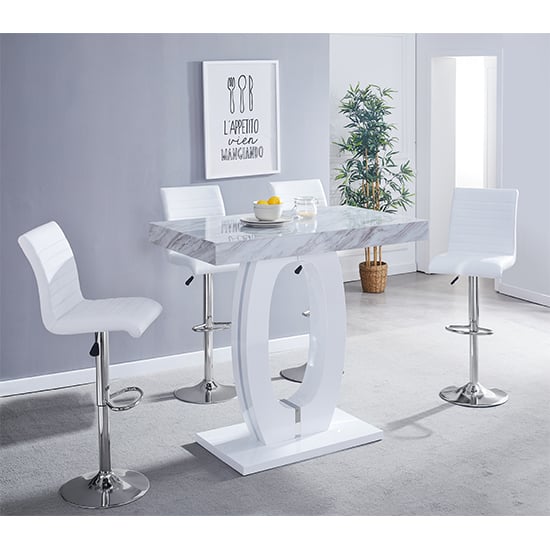 Halifax Magnesia Marble Effect Bar Table 4 Rifle White Stools
