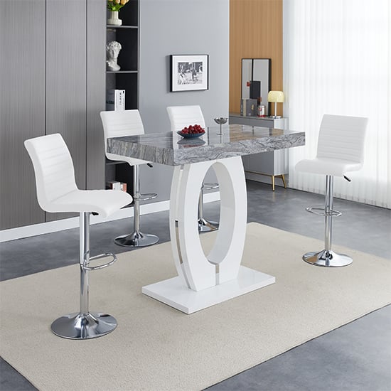 Halifax Melange High Gloss Bar Table With 4 Rifle White Stools