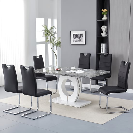Halifax Melange Marble Effect Dining Table 6 Petersburg Black Chairs