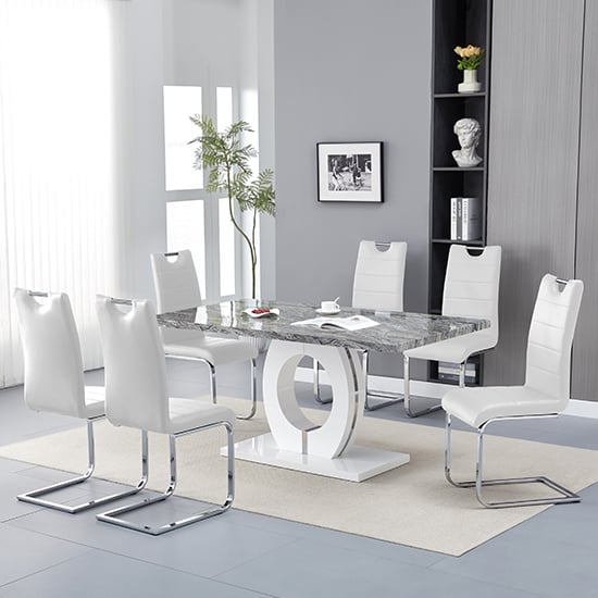 Halifax Melange Marble Effect Dining Table 6 Petersburg White Chairs