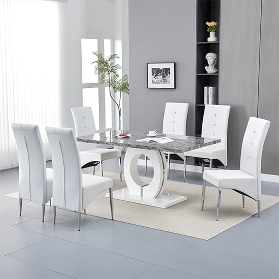Halifax Melange Marble Effect Dining Table 6 Versilia White Chairs