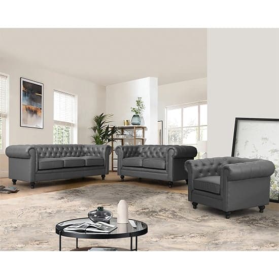 Hampton Chesterfield Faux Leather 3+2+1 Sofa Set In Dark Grey