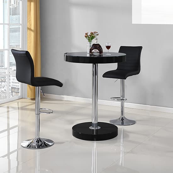 Hixson Bar Table In Black With 2 Rifle Black Bar Stools