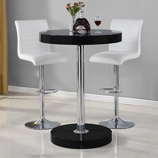 Hixson Bar Table In Black With 2 Rifle White Bar Stools