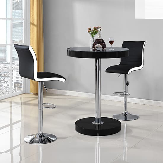 Hixson Bar Table In Black With 2 Riga Black And White Bar Stools