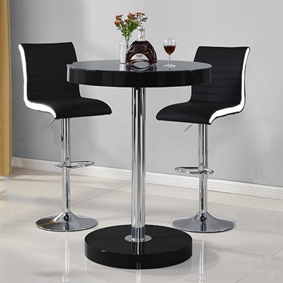 Hixson Bar Table In Black With 2 Riga Black And White Bar Stools