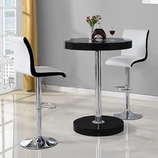 Hixson Bar Table In Black With 2 Riga White And Black Bar Stools