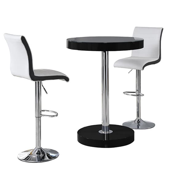 Hixson Bar Table In Black With 2 Riga White And Black Bar Stools