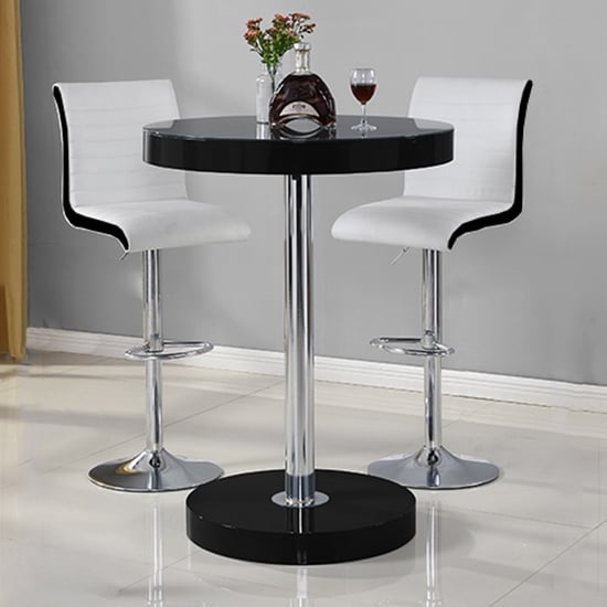 Hixson Bar Table In Black With 2 Riga White And Black Bar Stools