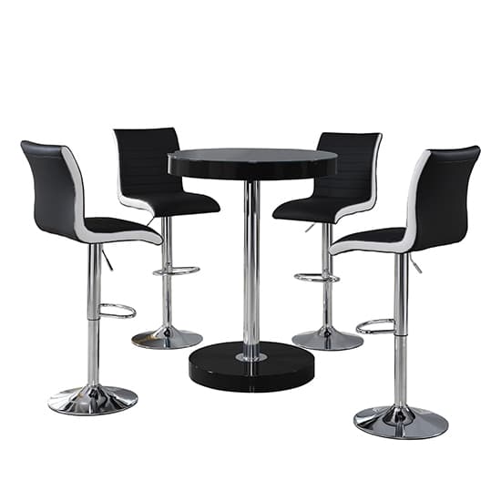 Hixson Bar Table In Black With 4 Riga Black And White Bar Stools