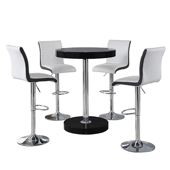 Hixson Bar Table In Black With 4 Riga White And Black Bar Stools