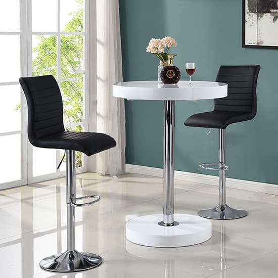 Hixson Bar Table In White With 2 Rifle Black Bar Stools