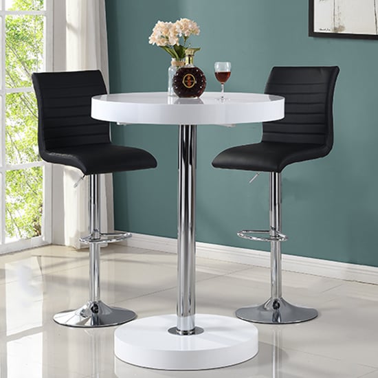 Hixson Bar Table In White With 2 Rifle Black Bar Stools