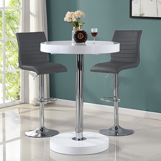 Hixson Bar Table In White With 2 Rifle Grey Bar Stools
