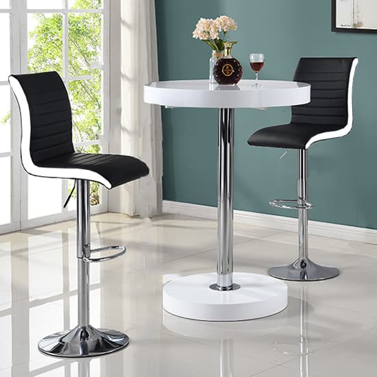 Hixson Bar Table In White With 2 Riga Black And White Bar Stools